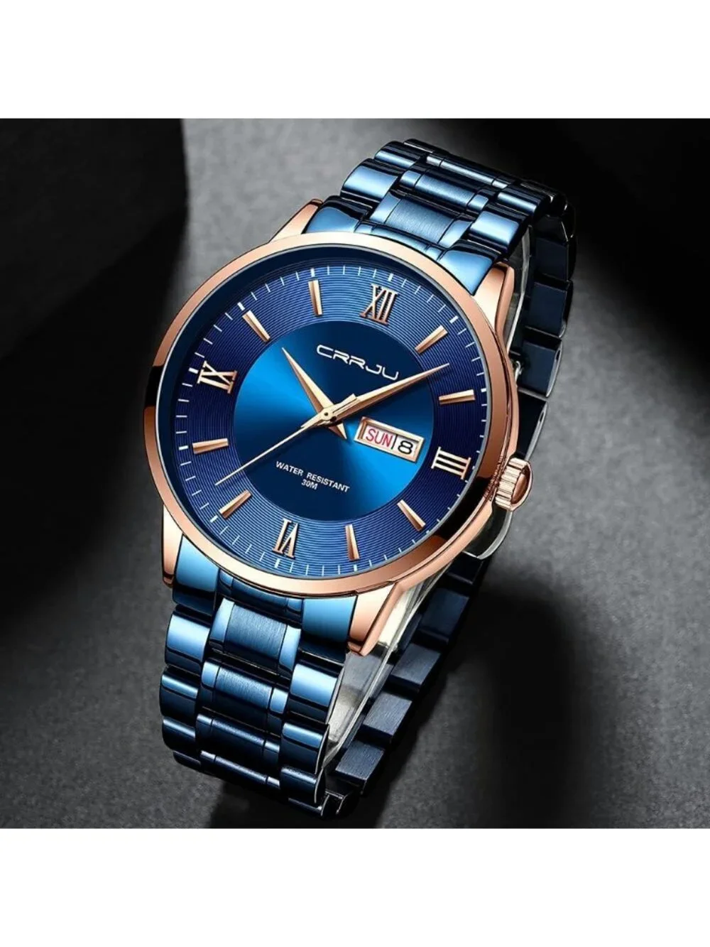 Mens Blue Rose Gold Luxury Stainless Steel Chronograph Analog Quartz Round Watch